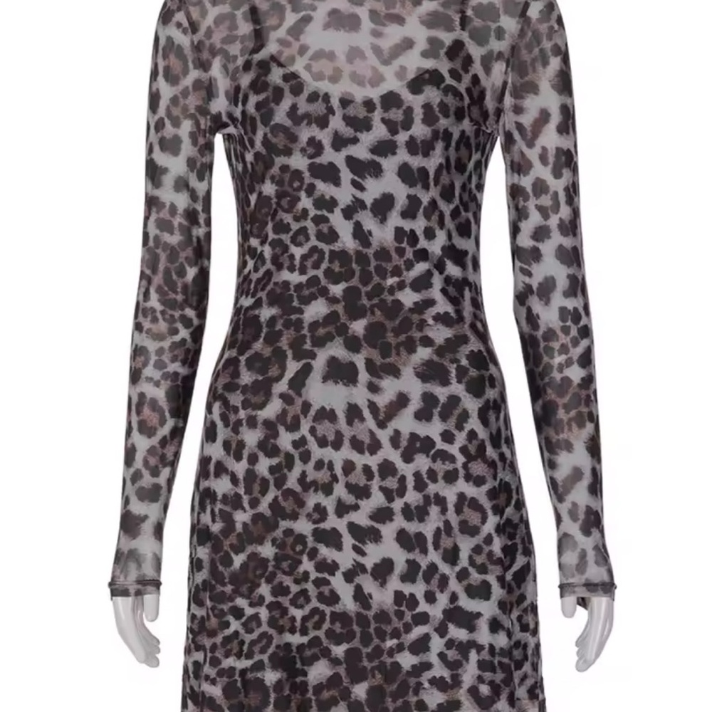 Leopard Print Sheer Long Sleeve Dress